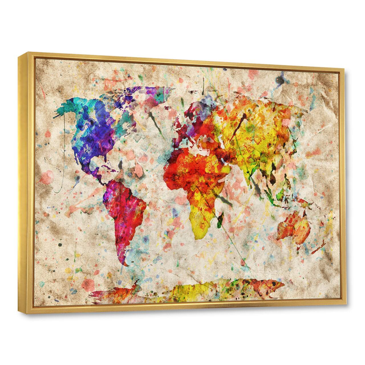 Designart - Vintage World Map Watercolor - Map Framed Canvas Art Print